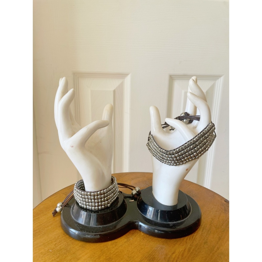 Adjustable silver bead and cording cuff bracelet